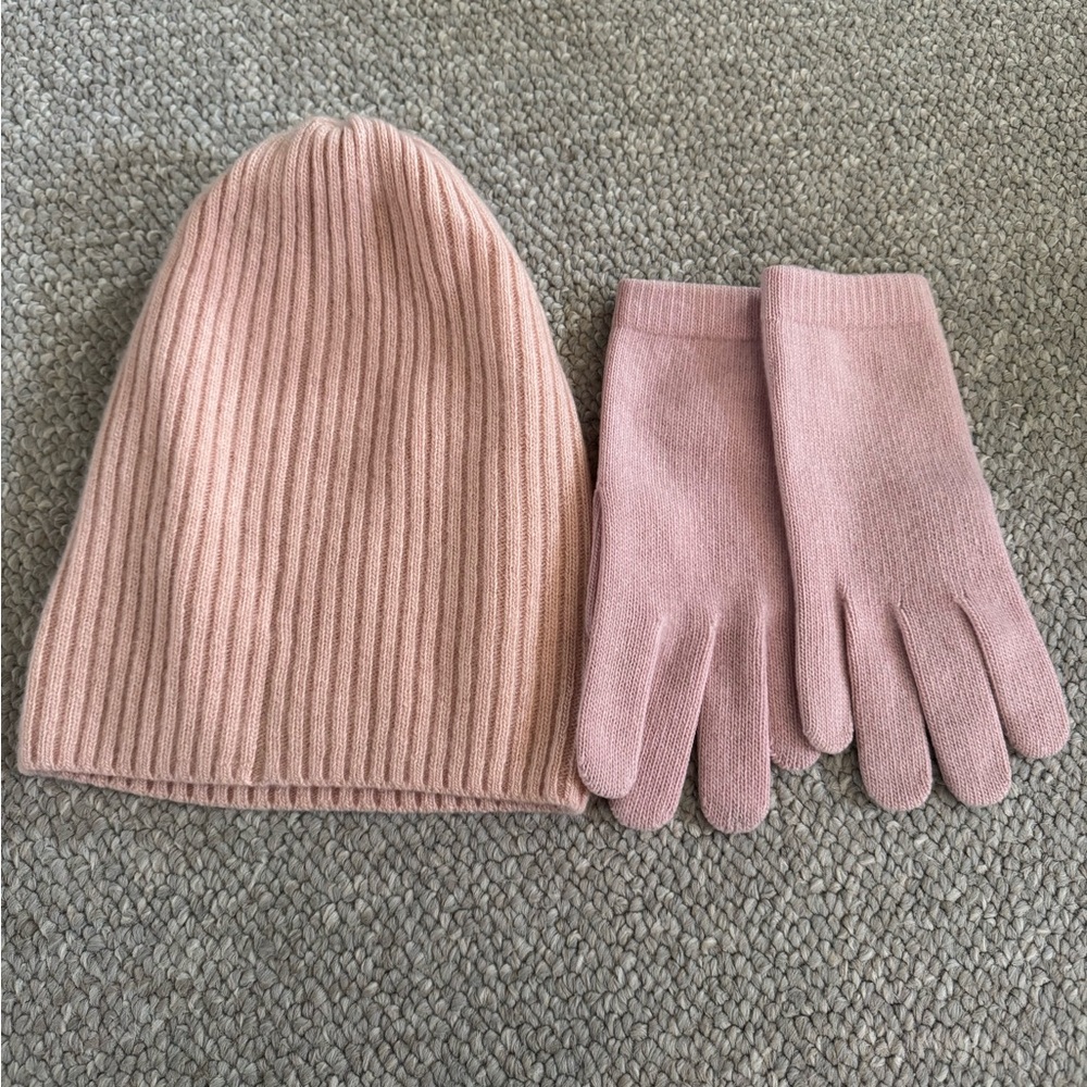 Portolano Pink Ribbed Beanie and Gloves Set